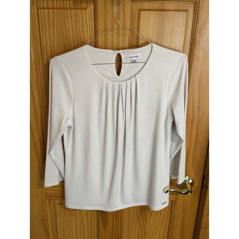 Calvin Klein Women Large White Ivory Pleated Front 3/4 Sleeve Blouse Stretch